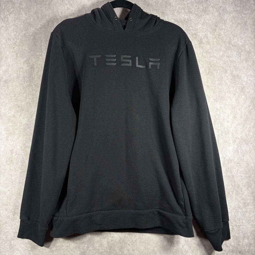 Tesla Hoodie Unisex Large Black Wordmark Logo Pullover Fleece Sweatshirt Casual
